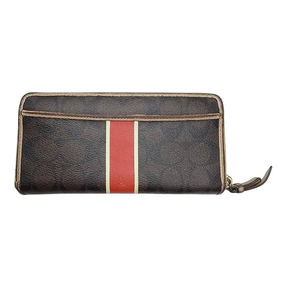Coach Signature Zip Around Long Wallet Heritage Stripe Brown Red Canvas